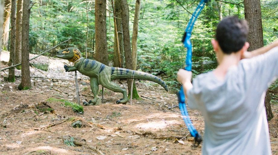 Boy shooting a dinosaur sculpture in 3D archery